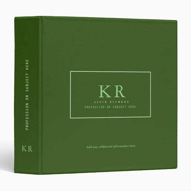 modern & elegant dark-green monogrammed 3 ring binder (Front/Spine)