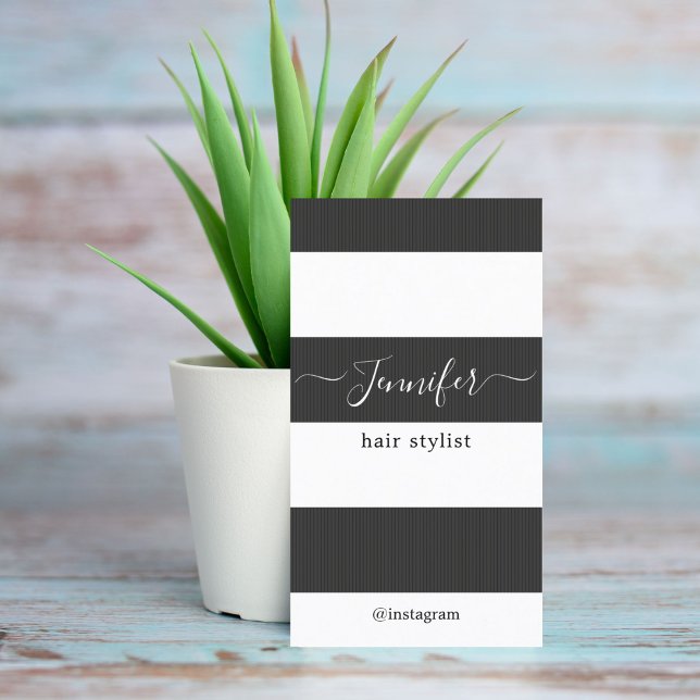 Modern Elegant Dark Grey White Stripes Hair Business Card (Creator Uploaded)