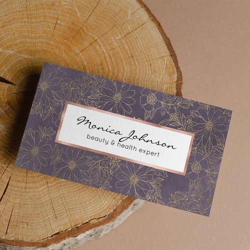 Modern elegant dark lavender chic gold floral business card
