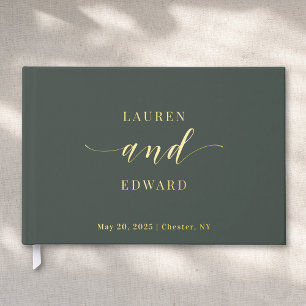 Modern Elegant Dark Sage and Gold Wedding Foil Guest Book