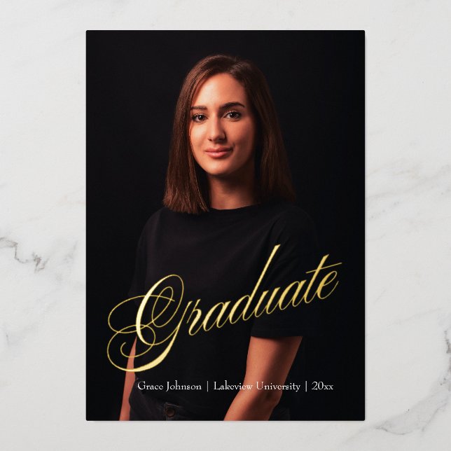 Modern & Elegant Dark Two Photo Graduation Gold  Foil Invitation (Front)