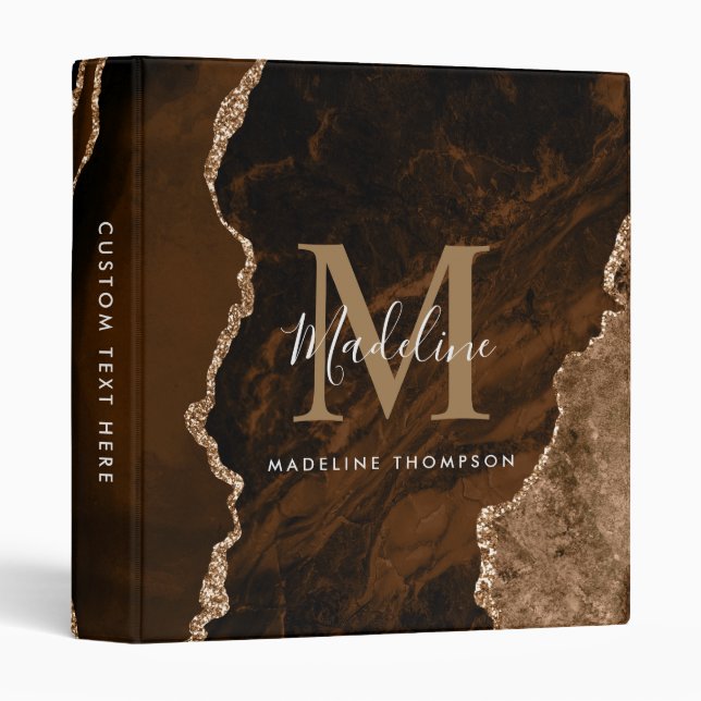 Modern Elegant Desert Gold Black Agate Monogram 3 Ring Binder (Front/Spine)