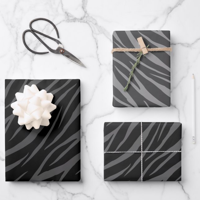 Modern Elegant Design Black Grey Zebra Wrapping Paper Sheets (Front)