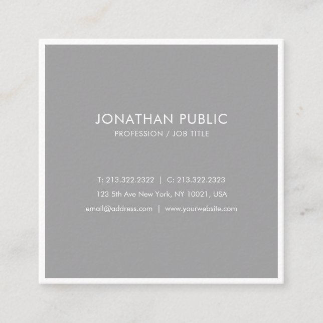 Modern Elegant Design Gray White Plain Trendy Square Business Card (Front)