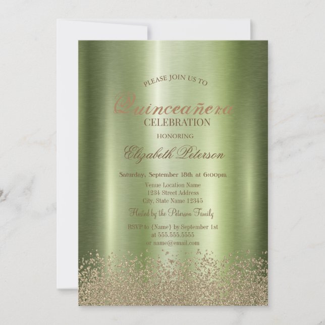 Modern Elegant Diamonds Green Metallic Quinceañera Invitation (Front)
