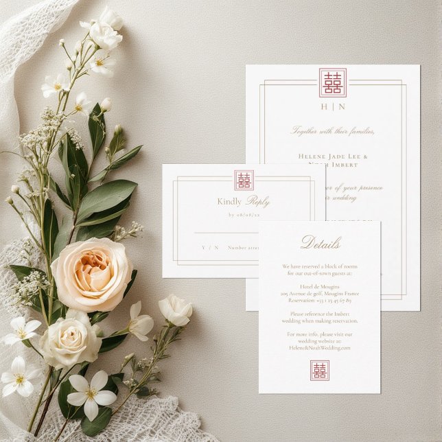 Modern Elegant Double Happiness Wedding Details  Invitation (Creator Uploaded)