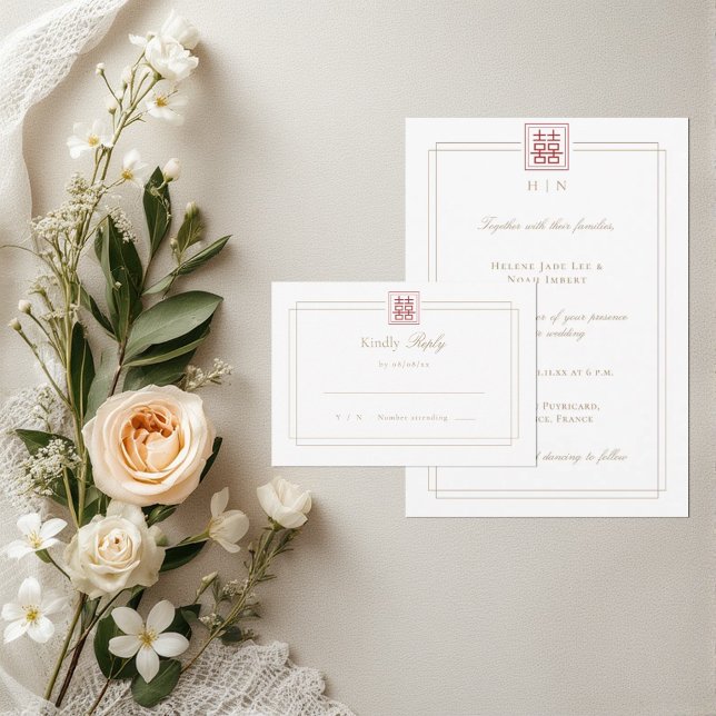 Modern Elegant Double Happiness Wedding RSVP  Invitation (Creator Uploaded)