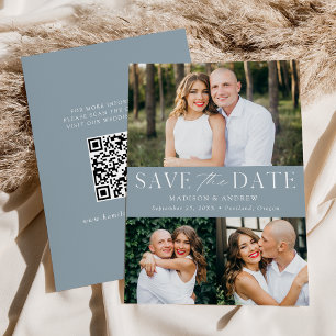 Modern Elegant Dusty Blue 3 Photo QR Code Save The Date