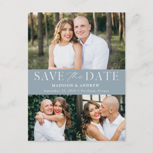 Modern Elegant Dusty Blue 3 Photo Save the Date Announcement Postcard