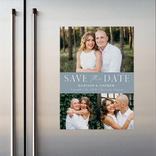 Modern Elegant Dusty Blue 3 Photo Save the Date Magnetic Invitation