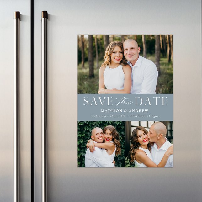 Modern Elegant Dusty Blue 3 Photo Save the Date Magnetic Invitation (Creator Uploaded)