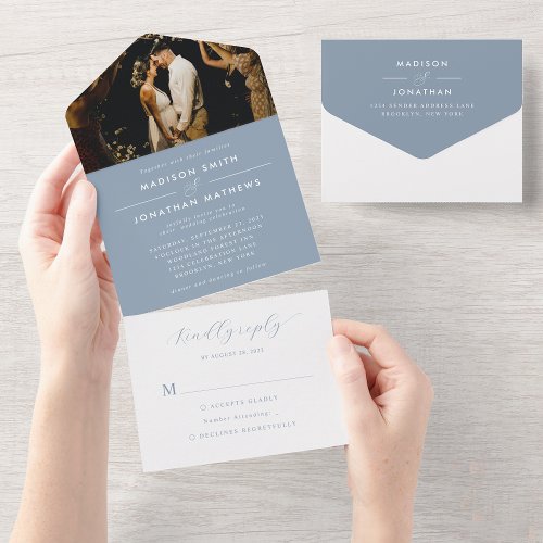 Modern Elegant Dusty Blue Ampersand Photo Wedding All In One Invitation