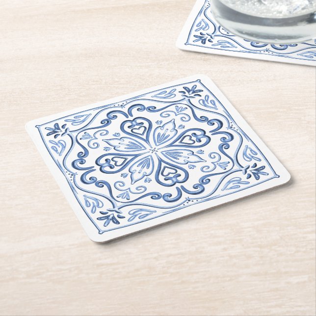 Modern Elegant Dusty Blue and White Square Paper Coaster (Angled)