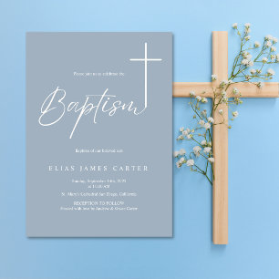 Modern Elegant Dusty Blue Baby Boy Baptism  Invitation