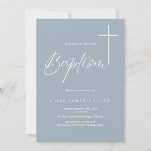 Modern Elegant Dusty Blue Baby Boy Baptism Invitation