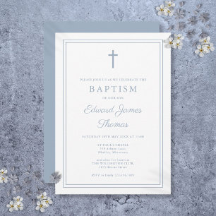 Modern Elegant Dusty Blue Border Baptism Invitation