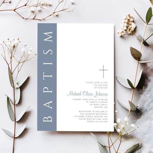 Modern Elegant Dusty Blue Cross Baptism Invitation