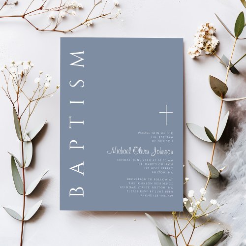 Modern Elegant Dusty Blue Cross Baptism Invitation