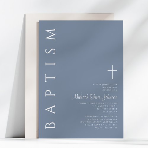 Modern Elegant Dusty Blue Cross Baptism Invitation