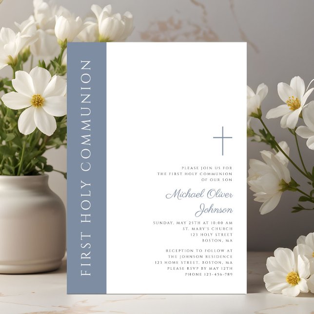 Modern Elegant Dusty Blue Cross First Communion Invitation (Modern Elegant Dusty Blue Cross First Communion Invitation)