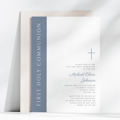 Modern Elegant Dusty Blue Cross First Communion Invitation