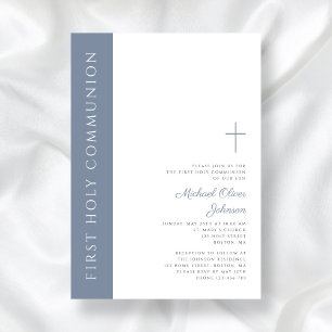 Modern Elegant Dusty Blue Cross First Communion Invitation