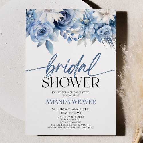 Modern Elegant Dusty Blue Floral Bridal Shower Invitation