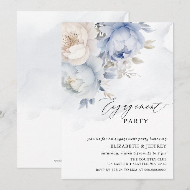 Modern Elegant Dusty Blue Floral Engagement Party Invitation (Front/Back)