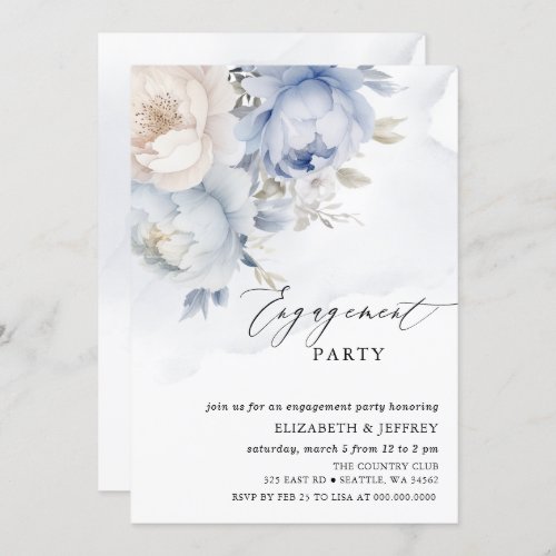 Modern Elegant Dusty Blue Floral Engagement Party Invitation
