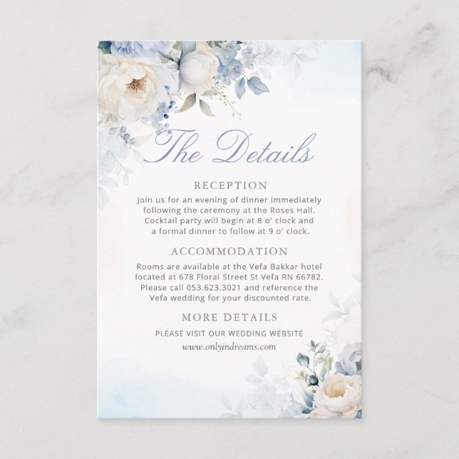 Modern Elegant Dusty Blue Floral Wedding Details Enclosure Card (Front)