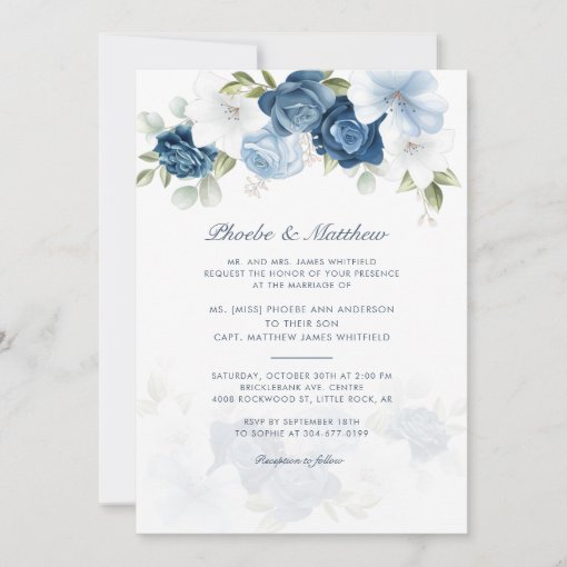 Modern Elegant Dusty Blue Floral Wedding Invitation | Zazzle