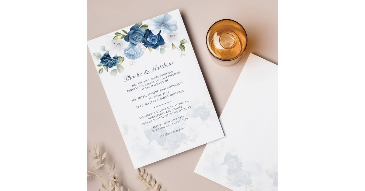 Modern Elegant Dusty Blue Floral Wedding Invitation | Zazzle