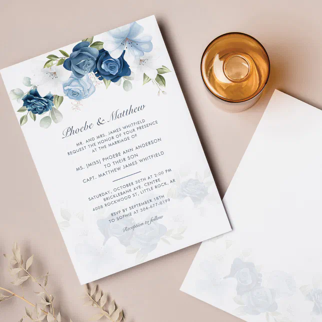 Modern Elegant Dusty Blue Floral Wedding Invitation | Zazzle