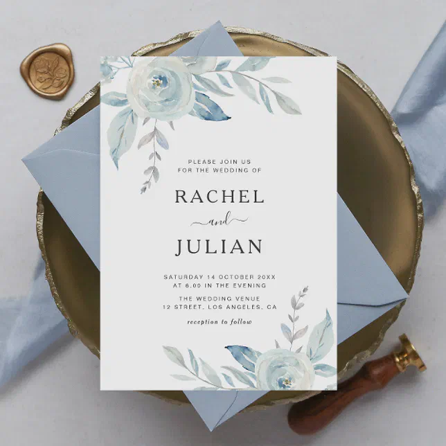 modern elegant dusty blue floral wedding invitation | Zazzle