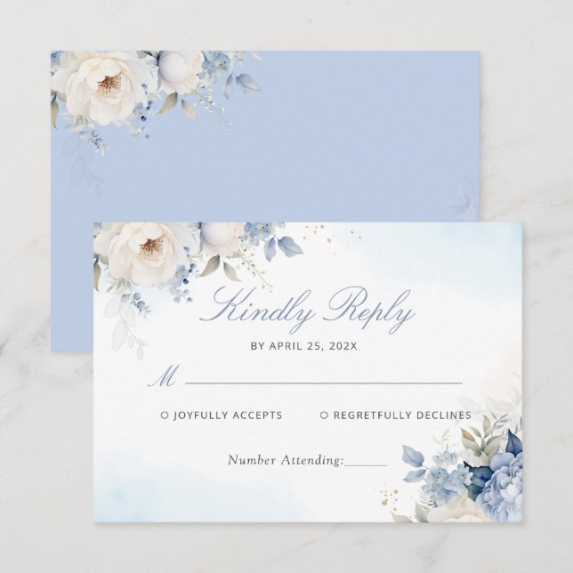 Modern Elegant Dusty Blue Floral Wedding RSVP Card (Front/Back)