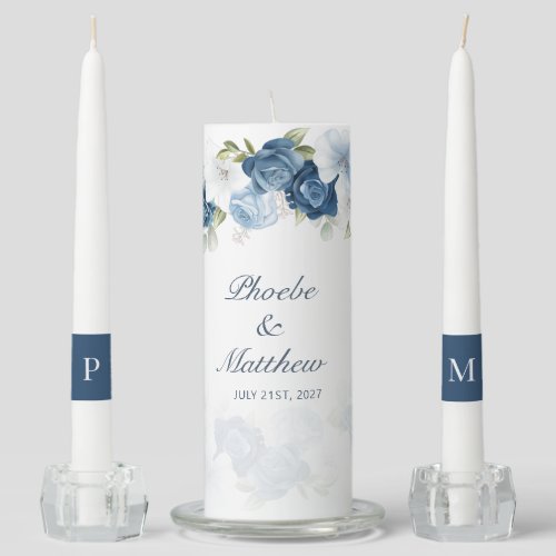 Modern Elegant Dusty Blue Floral Wedding Unity Candle Set