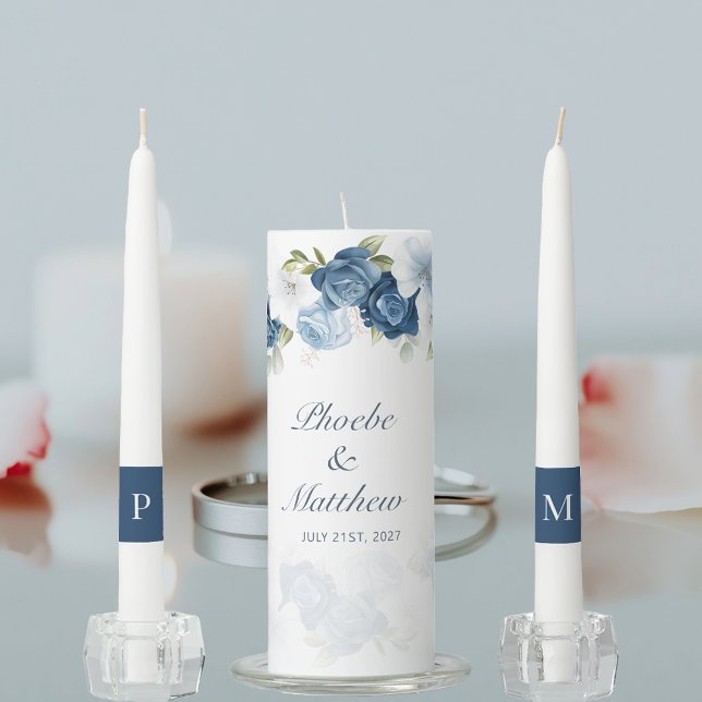 Modern Elegant Dusty Blue Floral Wedding Unity Candle Set (Elegant Dusty Blue Floral Watercolor Wedding Unity Candles)