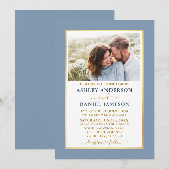 Modern Elegant Dusty Blue Gold Wedding Invitation (Front/Back)