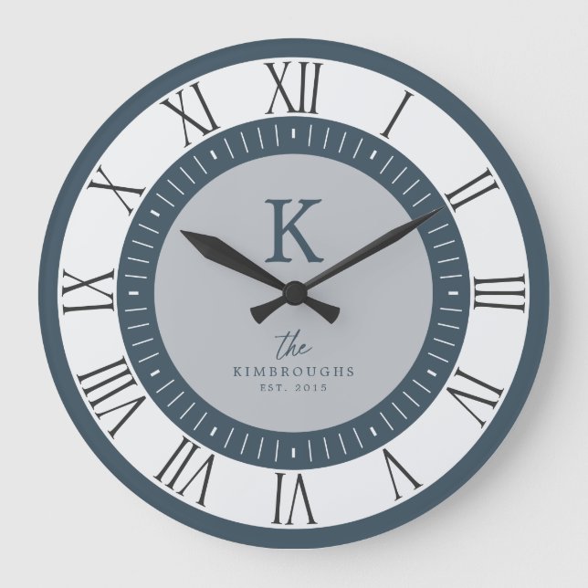 Modern Elegant Dusty Blue Gray Monogram Family Large Clock (Front)