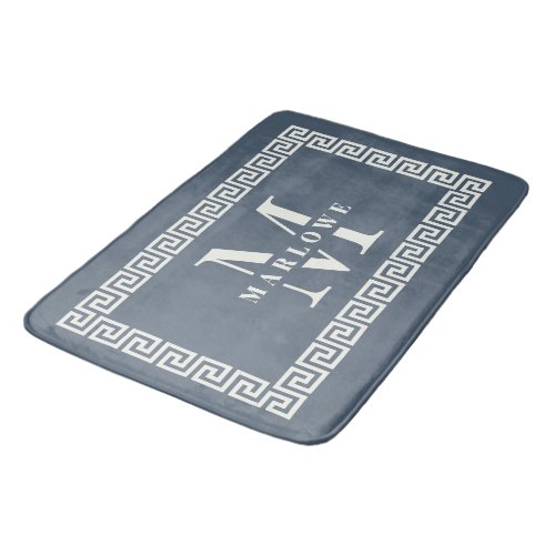 Modern Elegant Dusty Blue Greek Key Frame Monogram Bath Mat