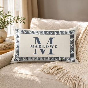 Modern Elegant Dusty Blue Greek Key Frame Monogram Lumbar Pillow