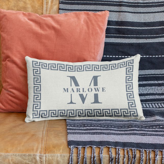 Modern Elegant Dusty Blue Greek Key Frame Monogram Lumbar Pillow (Creator Uploaded)
