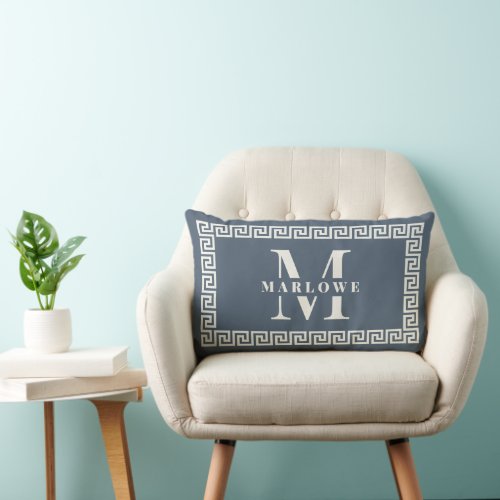 Modern Elegant Dusty Blue Greek Key Frame Monogram Lumbar Pillow