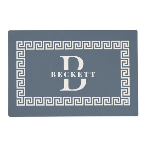 Modern Elegant Dusty Blue Greek Key Frame Monogram Placemat