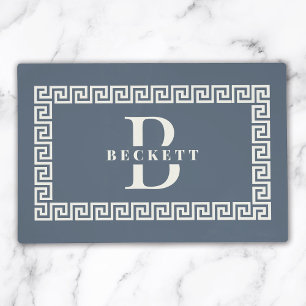 Modern Elegant Dusty Blue Greek Key Frame Monogram Placemat