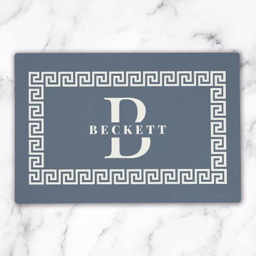 Modern Elegant Dusty Blue Greek Key Frame Monogram Placemat