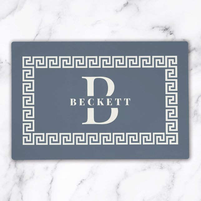 Modern Elegant Dusty Blue Greek Key Frame Monogram Placemat (Creator Uploaded)