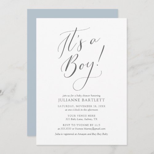 Modern Elegant Dusty Blue Its a Boy Baby Shower Invitation