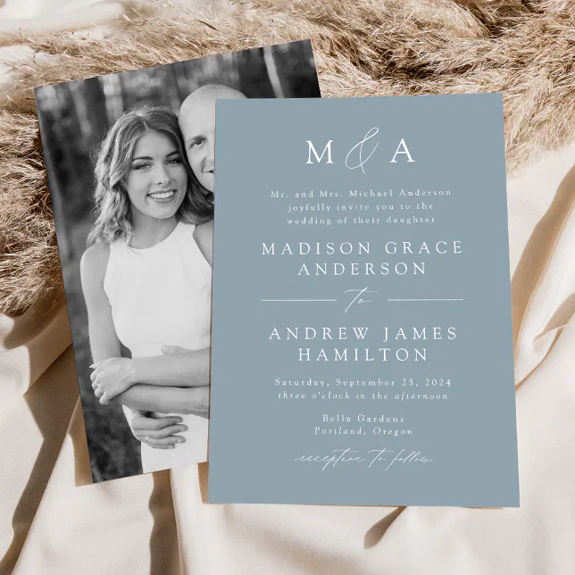 Modern Elegant Dusty Blue Monogram Photo Wedding Invitation | Zazzle