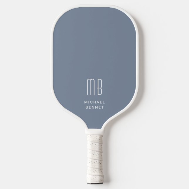 Modern Elegant Dusty Blue Monogram Pickleball Paddle (Front)